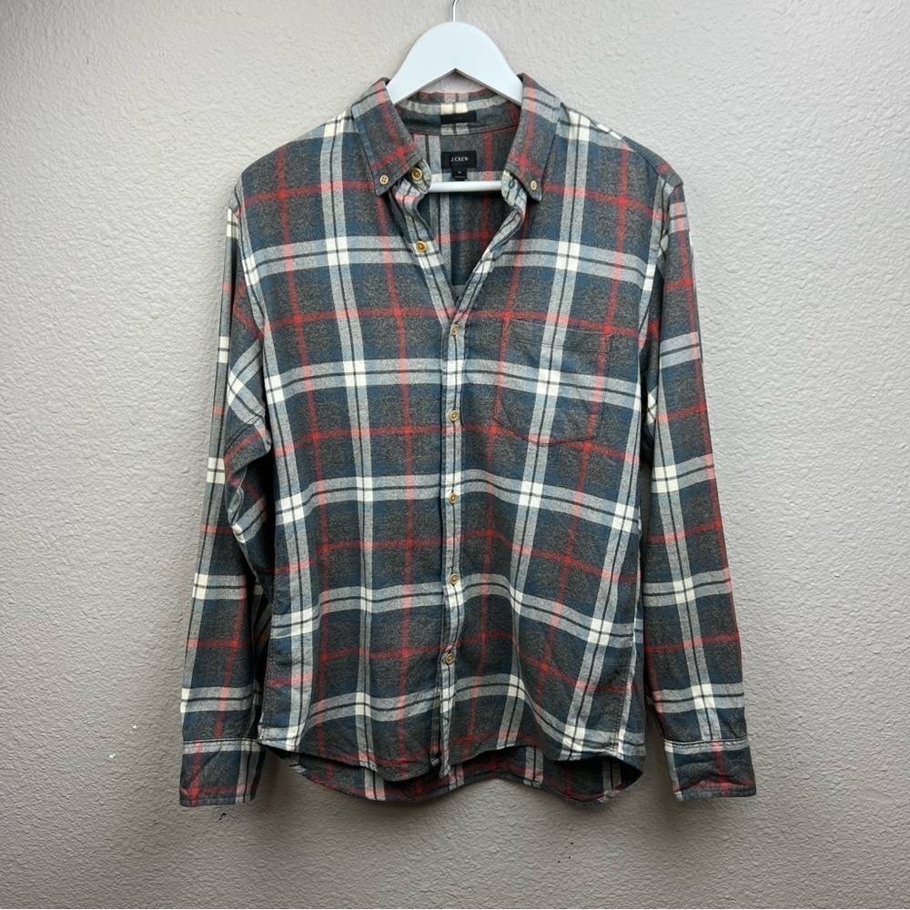 J.Crew Men's 100% Cotton Flannel Button Shirt Gray/Red/White Plaid Sz M